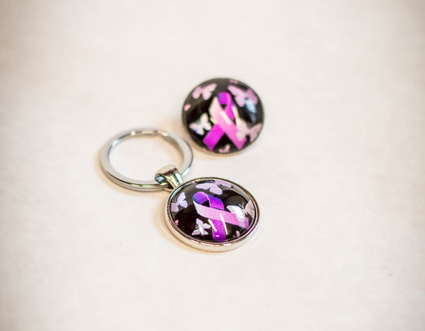 Key Chains/Lapel Pins: Purple Butterflies and Ribbon Key chain and Lapel Pin