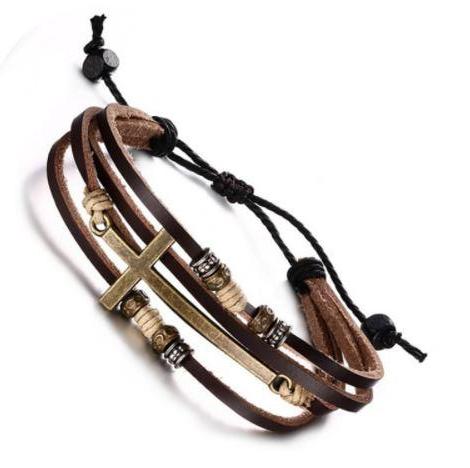 Saving Grace Collection: Bracelet- Vintage Adjustable Multi-layer Genuine Leather Cross - Unisex